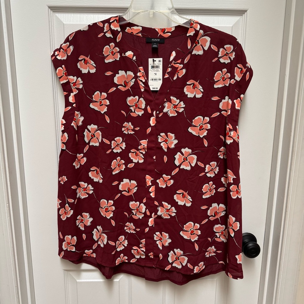 1X Alfani burgundy red coral floral sleeveless v-neck blouse cap sleeves NEW